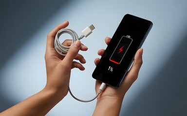 low battery warning on smartphone screen with charging cable in hand