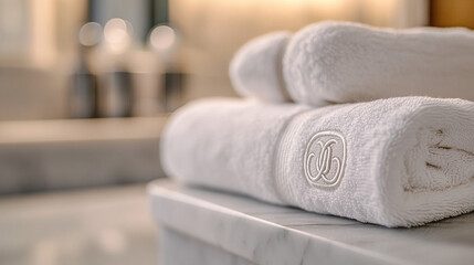 Close-up of thick hotel towel with monogram, neat stitching, blurred marble bathroom background