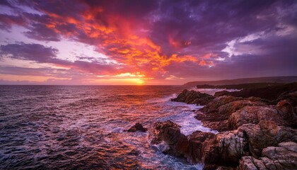Obraz premium an awe inspiring scene of a vivid sunset over the ocean featuring vibrant clouds and a rocky coastline capturing the beauty and tranquility of nature