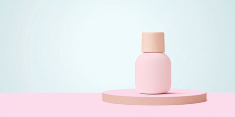 Mockup of beauty cosmetic makeup bottle with wooden cap on round platform and pink background. Skin care healthcare clean minimalist concept.