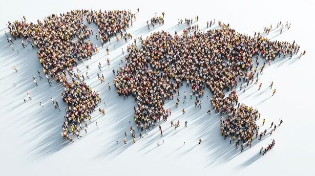 Aerial view of diverse crowd forming detailed world map symbolizing global unity and connection
