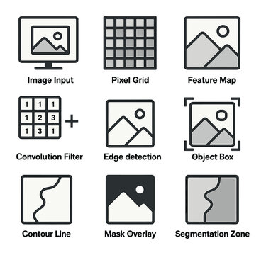 Computer Vision Icons. Flat icon set of computer vision fundamentals: image input, pixel grid, feature map,