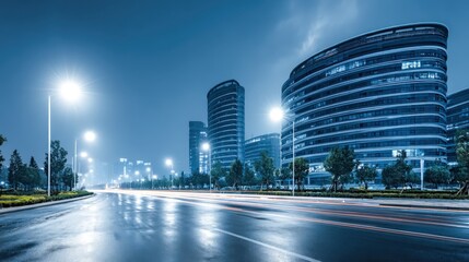 Fototapeta premium Modern Office Buildings at Night with Street Lights and Wet Road, Reflecting the Urban Skyline
