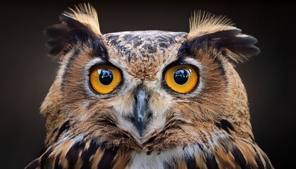 Fototapeta premium adorable brown owl close up portrait with big yellow eyes on dark background
