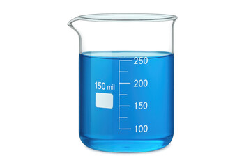 Laboratory beaker containing blue chemical solution on transparent background