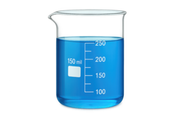 Laboratory beaker containing blue chemical solution on transparent background