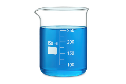 Laboratory beaker containing blue chemical solution on transparent background - Powered by Adobe