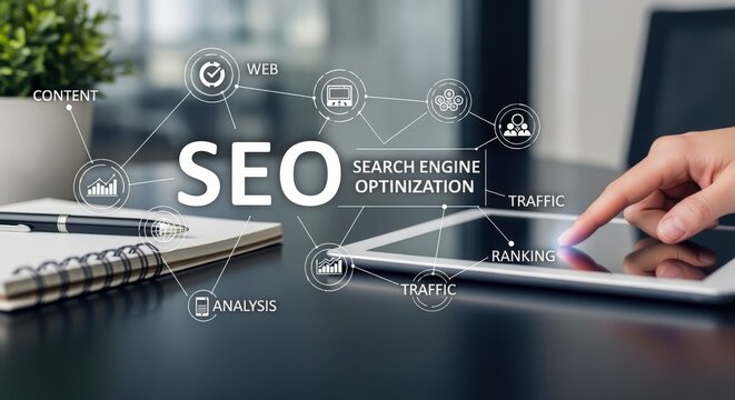 SEO Optimization Concept: Close-up of Hand Touching Tablet with Search Engine Optimization Diagram and Workspace