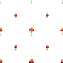 Seamless watercolor fly agaric mushroom pattern – red and white toadstools for autumn woodland fabric design, rustic packaging, cozy home decor and forest-themed print projects