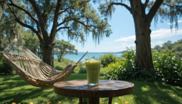 Iced Matcha Latte on a Table with a Hammock Under a Blue Summer Sky with Swinging Trees