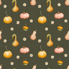 Seamless watercolor pumpkin and daisy pattern – curved gourds, turban squash and chamomile flowers for autumn fabric design, packaging, rustic kitchen decor and seasonal craft projects