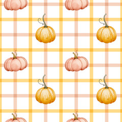 Seamless watercolor pumpkin pattern – pink and orange pumpkins on a plaid background with pink and orange stripes for autumn fabric design, cozy packaging, seasonal decor and rustic print projects