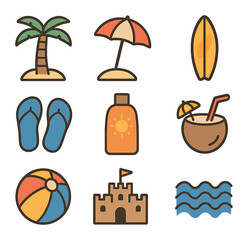 Beach Vacation Icons. Flat icon set of beach vacation: palm tree, beach umbrella, surfboard, flip flops,