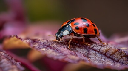 Obraz premium A close-up shot of a vibrant ladybug perched delicately on a textured leaf, showcasing its brilliant red and black markings.
