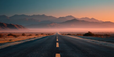 Naklejka premium Straight empty desert road leading to mountains at orange blue sunset sky