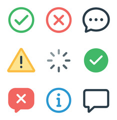 Form Validation Icons. Flat icon set of form validation UI: green tick, red cross, helper text icon, warning