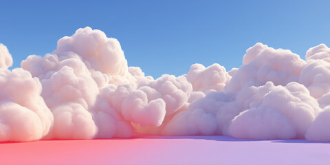 Fluffy white pink clouds over soft horizon with blue sky in warm light

