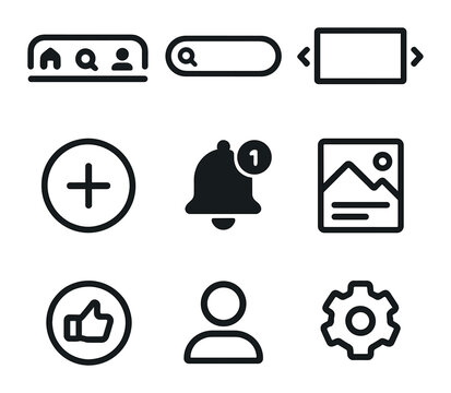 Modern Home Screen Icons. Flat icon set of home screens: bottom nav bar, search field, banner carousel, quick