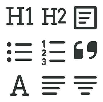 Typography Icon Grid. Flat icon set of typography UI: heading H1, heading H2, paragraph icon, bullet list,