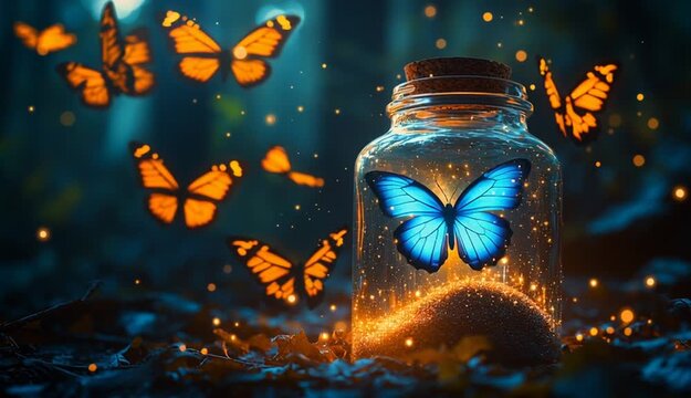 Glass jar with cork containing glowing blue butterfly, orange monarch butterflies flying around in background, magical sparkling lights and fairy dust, enchanted forest atmosphere