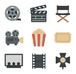Film Icon Set. Flat icon set of film screening posters: film reel, clapperboard, director chair, projector,