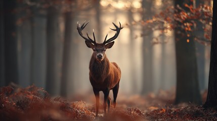 A majestic stag with impressive antlers stands boldly amidst a serene autumn forest, its gaze fixed forward, in a landscape awash with soft, natural light and evocative ambiance.