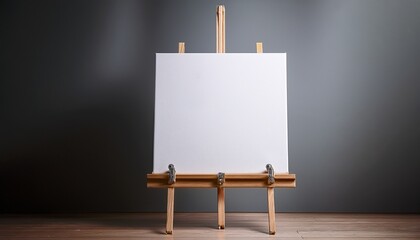 a white canvas is propped up on a wooden easel
