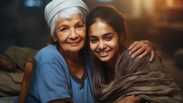 Warm family hug between a grandmother and her granddaughter highlighting the emotional bond that transcends generations.