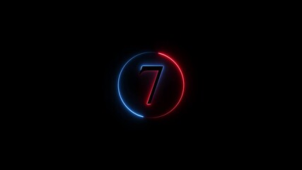 Number 7 neon sign style flashing. Abstract glowing neon text 7 number countdown icon animation on black background. Glowing neon number 7. Educational mathematics 7 animation circle . - Powered by Adobe