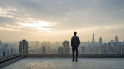 Contemplative Businessman Gazing at Cityscape from Rooftop, Envisioning Future Growth and Success Against Urban Skyline