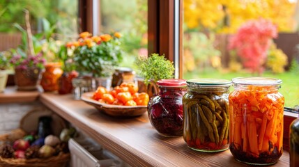 A rustic window shelf showcases a colorful collection of preserved fruits, vegetables, and potted plants. framing a delightful seasonal autumn scene.