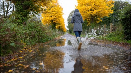 Obraz premium A person joyfully splashes through puddles on a road, surrounded by the vibrant colors of autumn foliage, and the reflection. Capturing the pure delight and freedom of a rainy day.