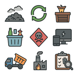 Waste Management Icons. Flat icon set of waste data: landfill site, recycling rate, compost bin, waste