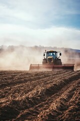 Fototapeta premium Tractor plowing a field with dust rising under a blue sky.
