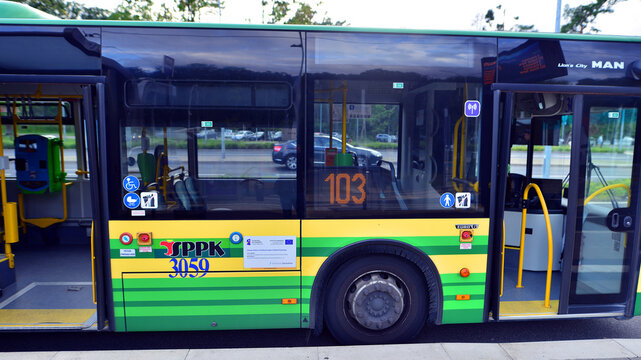 Szczecin, Poland. 16 July 2025. Modern bus stopped on a bus stop.