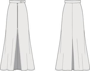 CAD, drawing, flat, vector, flared, skirt, front, slit, fashion, design, technical, illustration