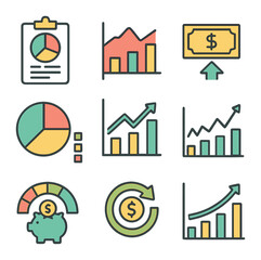 Obraz premium Financial Icons Grid. Flat icon set of financial infographics: budget chart, expense graph, revenue icon, cost