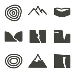 Elevation Map Icons. Flat icon set of elevation map features: hill contour, mountain ridge, plateau, valley,