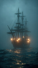 Obraz premium Galleon sailing in dark, foggy sea at night