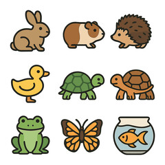 Naklejka premium Backyard Wildlife Icons. Flat icon set of backyard wildlife pets: rabbit, guinea pig, hedgehog, duckling,
