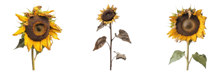 Set of wilted sunflower at dusk isolated on transparent background