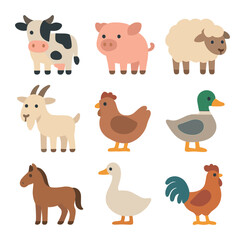Obraz premium Farm Animal Icons. Flat icon set of farm animals: cow, pig, sheep, goat, chicken, duck, horse, goose, rooster.