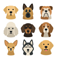 Obraz premium Popular Dog Breeds Icons. Flat icon set of popular dog breeds: Labrador, German Shepherd, Bulldog, Poodle,