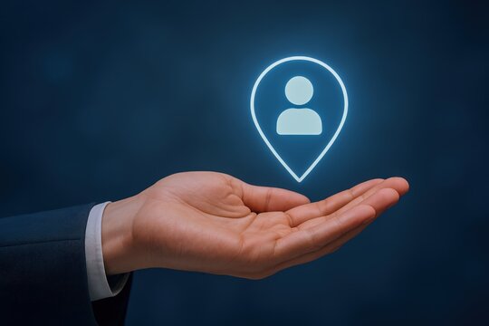 Hand Holding Glowing Customer Location Icon, Concept for Navigation, Marketing, and Business Solutions