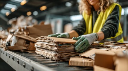 Obraz premium Woman Sorting Recyclable Materials at Modern Recycling Center – Eco-Friendly Lifestyle