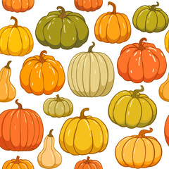 Autumn pumpkins seamless vector pattern. Pumpkin patch, thanksgiving decoration