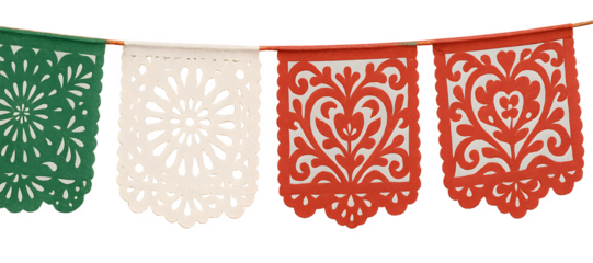 A row of colorful flags with a white one in the middle