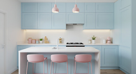 Chic pastel kitchen with island and bar stools