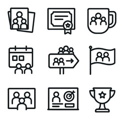 Team Icon Set. Outline icon set of team corner decor: photo collage, achievement certificate, team mug, shared