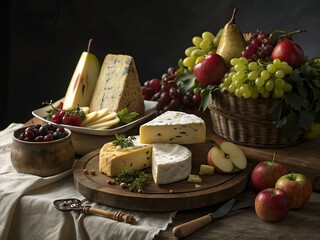 Artfully arranged cheese board with fruits and grapes